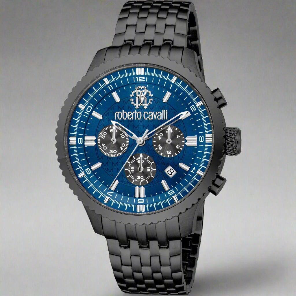 Roberto Cavalli chronograph watch for men with a stainless steel strap and blue analog dial, featuring quartz movement.