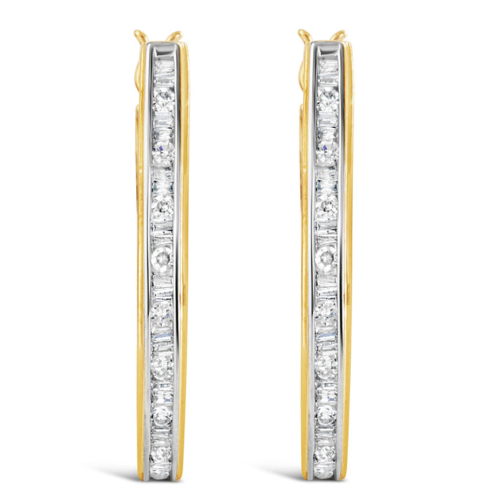 10K Yellow Gold 1.00 Cttw Round and Baguette-Cut Diamond U-Hoop Earrings (H-I Color, SI2-I1 Clarity)