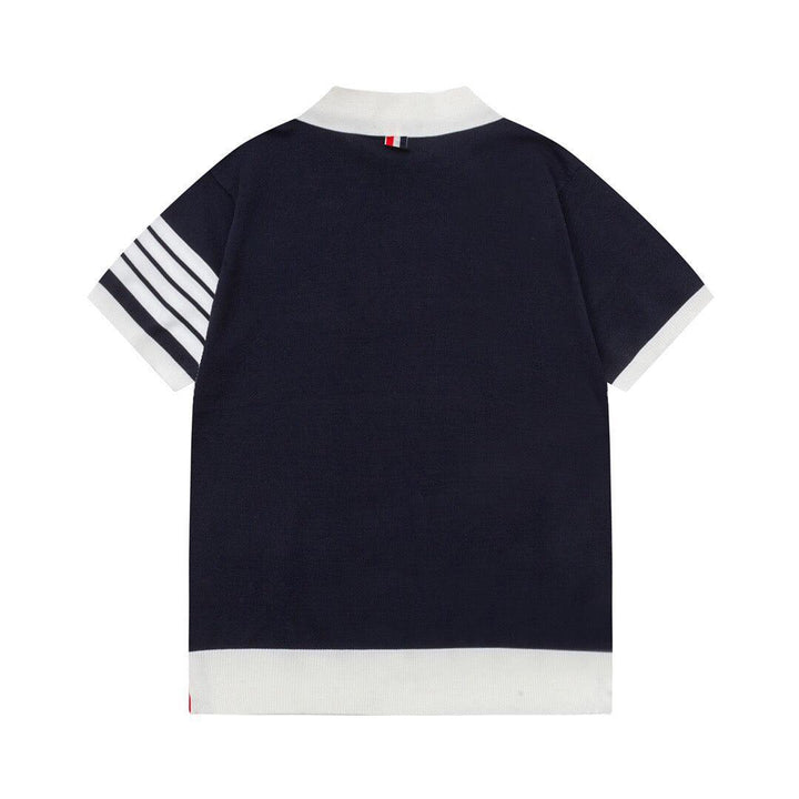 Thom Browne Navy Blue &amp; White T-Shirt with Collar