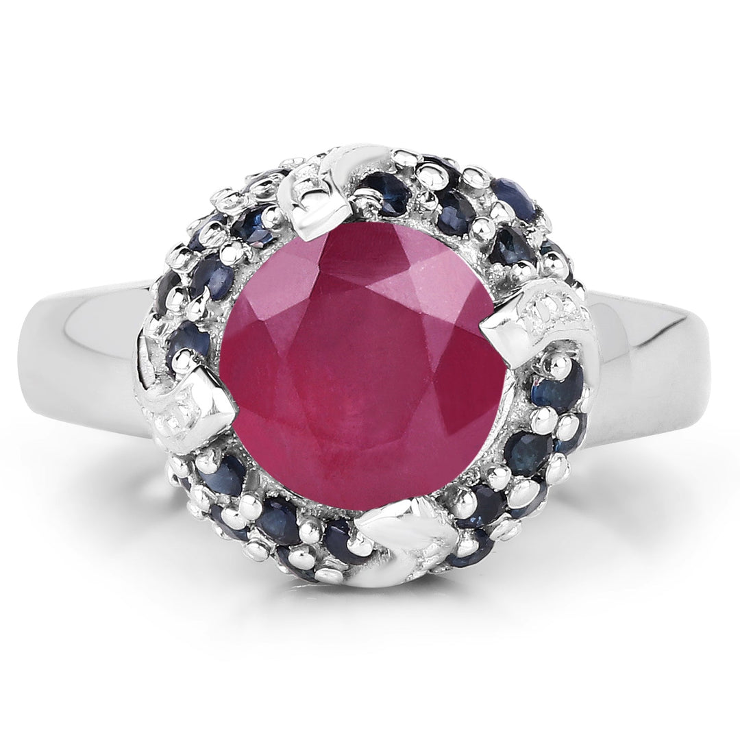 3.70 Carat Glass Filled Ruby and Blue Sapphire .925 Sterling Silver Ring
