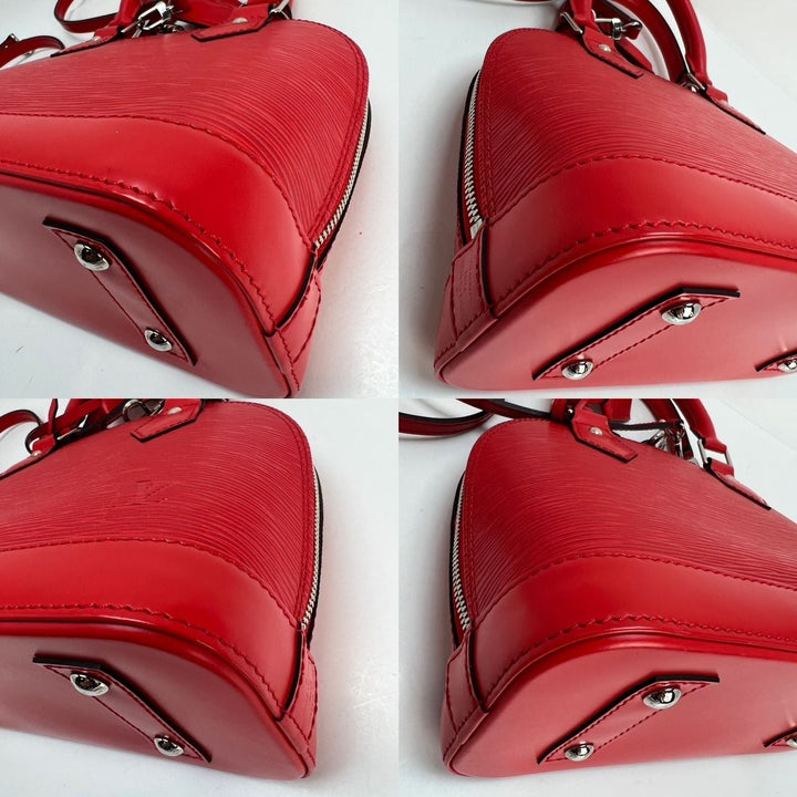Red handbag shown from multiple angles on a white background