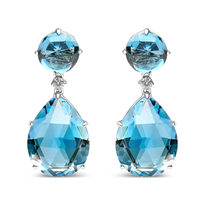 18K White Gold 1/5 Cttw Diamond with Round London Blue Topaz and 20 x 15mm Pear Cut Sky Blue Topaz Gemstone Dangle Earring (G-H Color, SI1-SI2 Clarity)