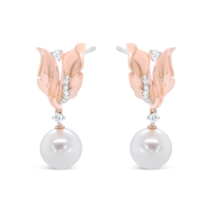 14K Rose Gold 1/6 Cttw Round Diamond and 8mm Round Pearl Floral Drop Stud Earrings (H-I Color, I1-I2 Clarity)