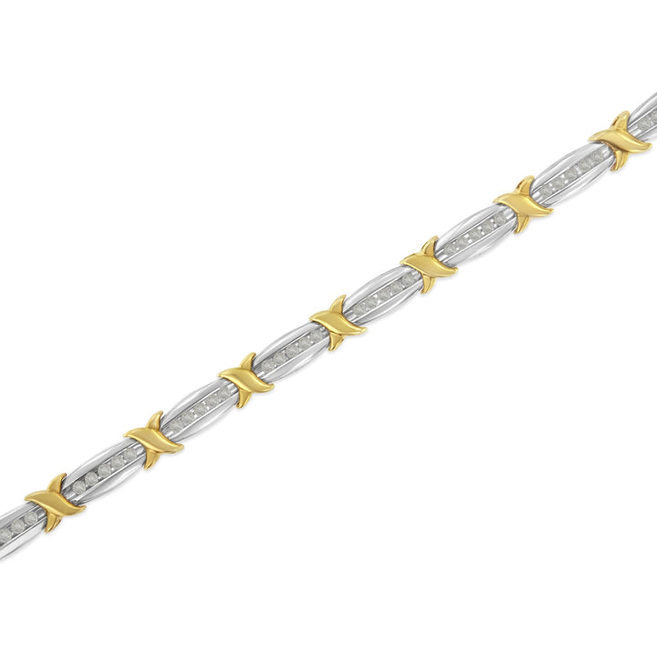Two-Tone 10K Yellow Gold over .925 Sterling Silver 1.0 Cttw Diamond Channel Set Tapered &amp; X-Link 7" Tennis Bracelet (H-I Color, I2-I3 Clarity)