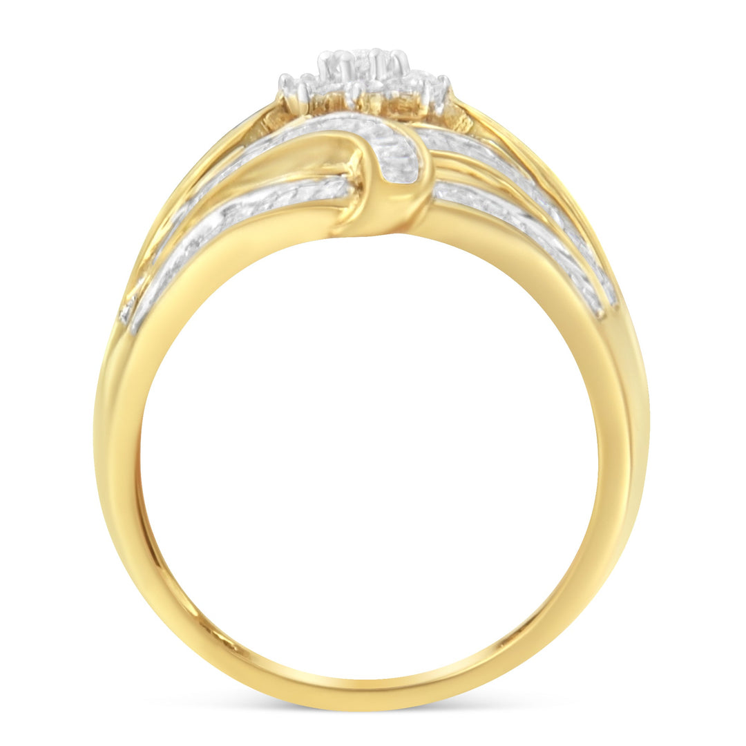 10K Yellow Gold Flashed .925 Sterling Silver 1-1/8 Cttw Round & Baguette Diamond 'Flower & Fern' Cluster Cocktail Fashion Ring (I-J Color, I2-I3 Clarity) - Size 6