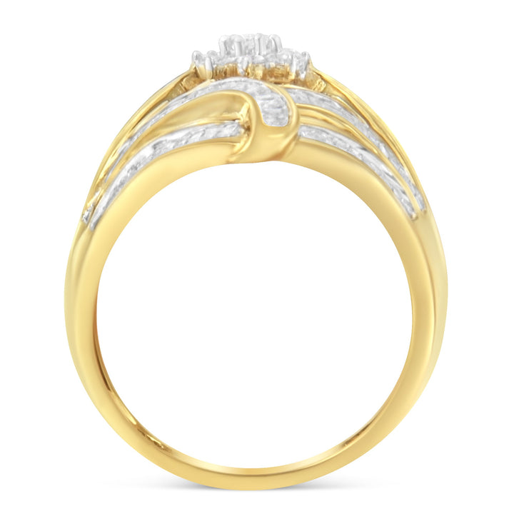 10K Yellow Gold Flashed .925 Sterling Silver 1-1/8 Cttw Round & Baguette Diamond 'Flower & Fern' Cluster Cocktail Fashion Ring (I-J Color, I2-I3 Clarity) - Size 6