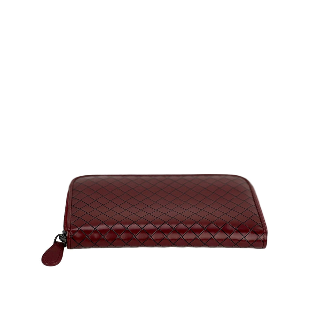 Bottega Veneta Burgundy Intrecciato Zip Around Leather Wallet Clutch
