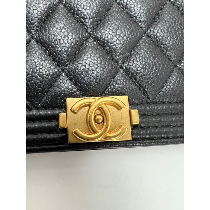 Chanel Caviar Quilted Mini Boy Clutch Wallet on a Chain Black with antique gold hardware detail