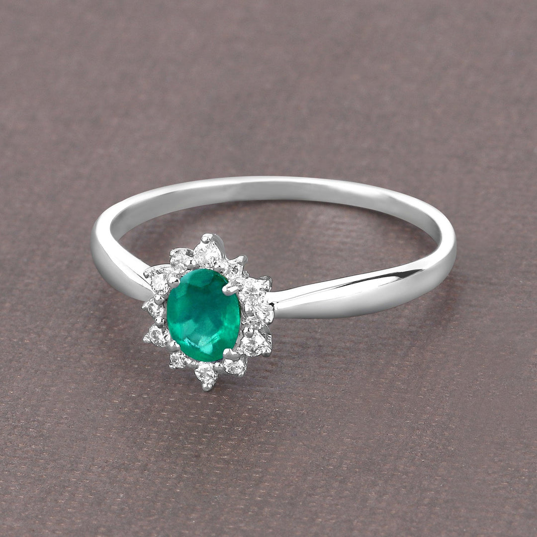 0.40 Carat Genuine Zambian Emerald and White Diamond 14K White Gold Ring