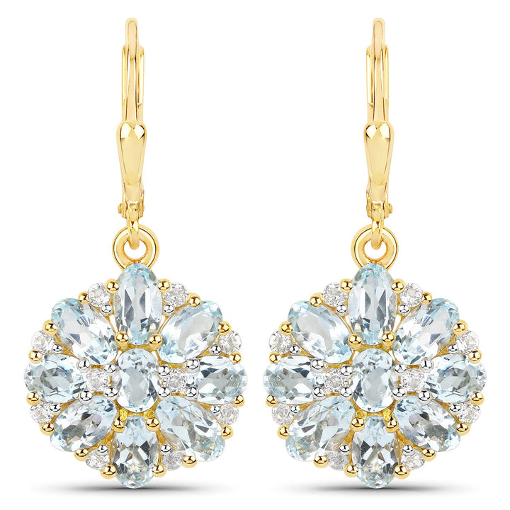 18K Yellow Gold Plated 4.58 Carat Genuine Blue Topaz and White Topaz .925 Sterling Silver Earrings