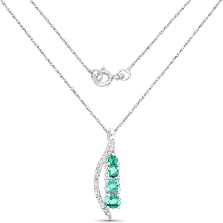 0.34 Carat Genuine Zambian Emerald and White Diamond 14K White Gold Pendant