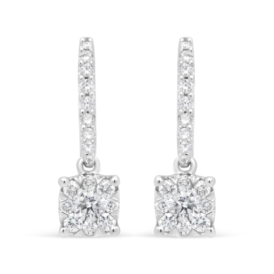14K White 1/2 Cttw Round Diamond Halo Dangle Hook Earring - (H-I Color, SI2-I1 Clarity)