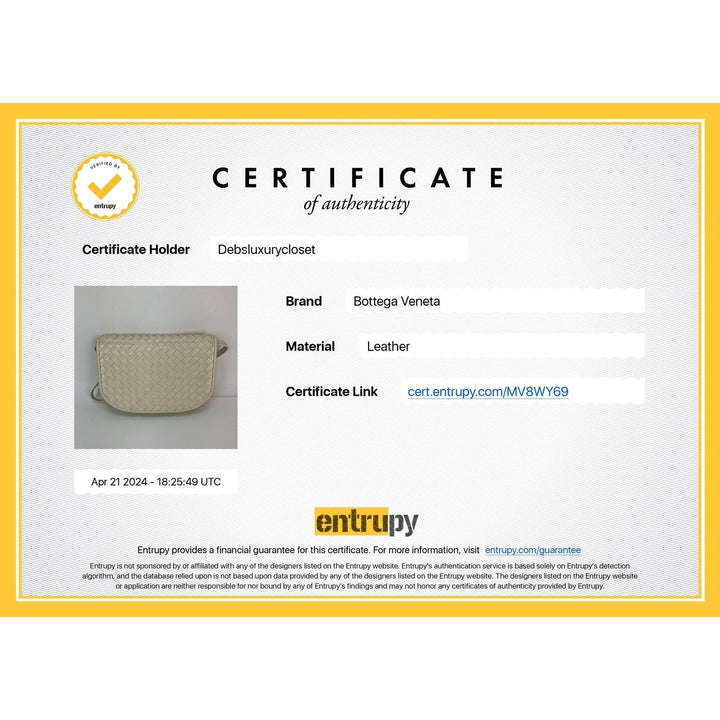 Certificate of authenticity for Bottega Veneta Intreciato white leather Shoulder Clutch Bag, confirming luxury and quality.
