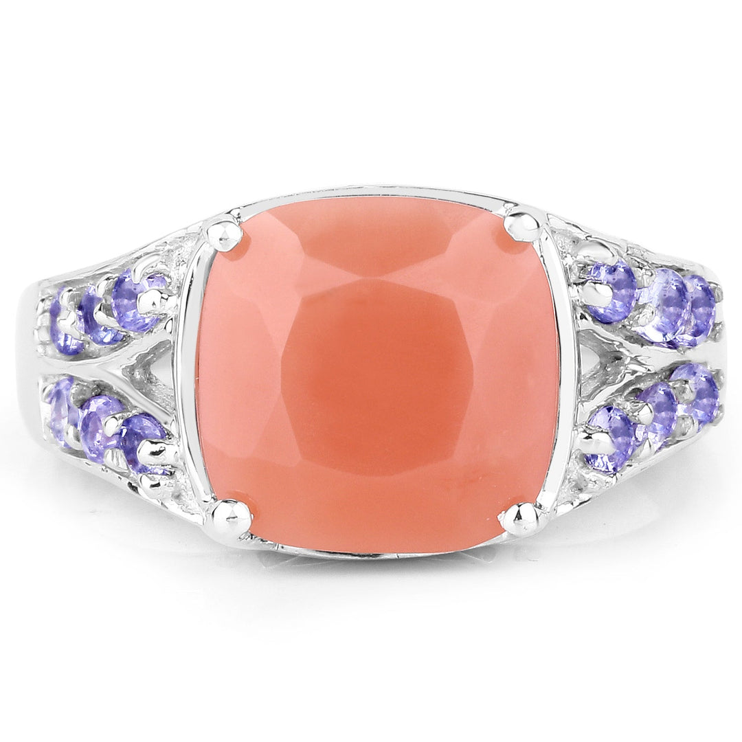 3.97 Carat Genuine Peach Moonstone and Tanzanite .925 Sterling Silver Ring