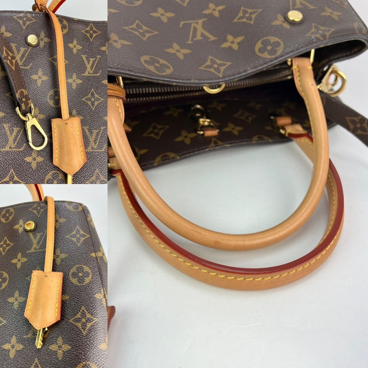 Close-up of a brown handbag with monogram pattern and tan handle and strap on a white background.