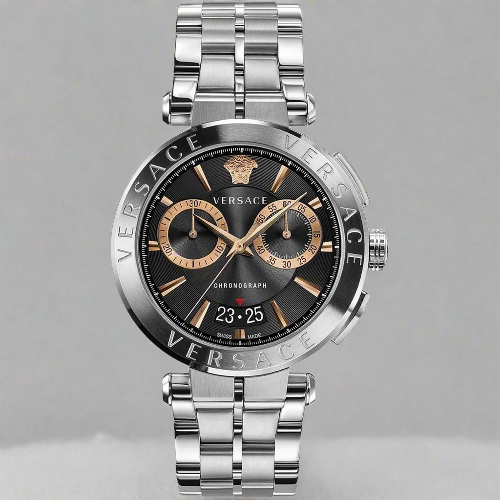 Versace men's black dial silver tone chronograph day date Watches
