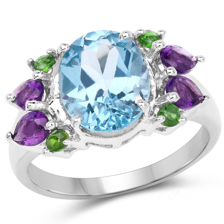 4.00 Carat Genuine Swiss Blue Topaz, Chrome Diopside &amp; Amethyst .925 Sterling Silver Ring