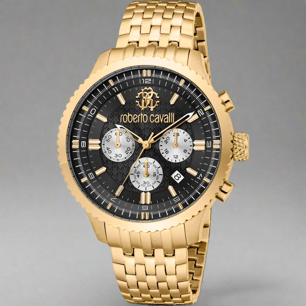 Roberto Cavalli men's chronograph watch with stainless steel case, quartz movement, and analog dial, featuring date indicator.