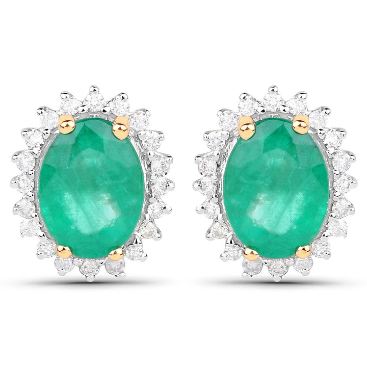 2.66 Carat Genuine Zambian Emerald and White Diamond 14K Yellow Gold Earrings