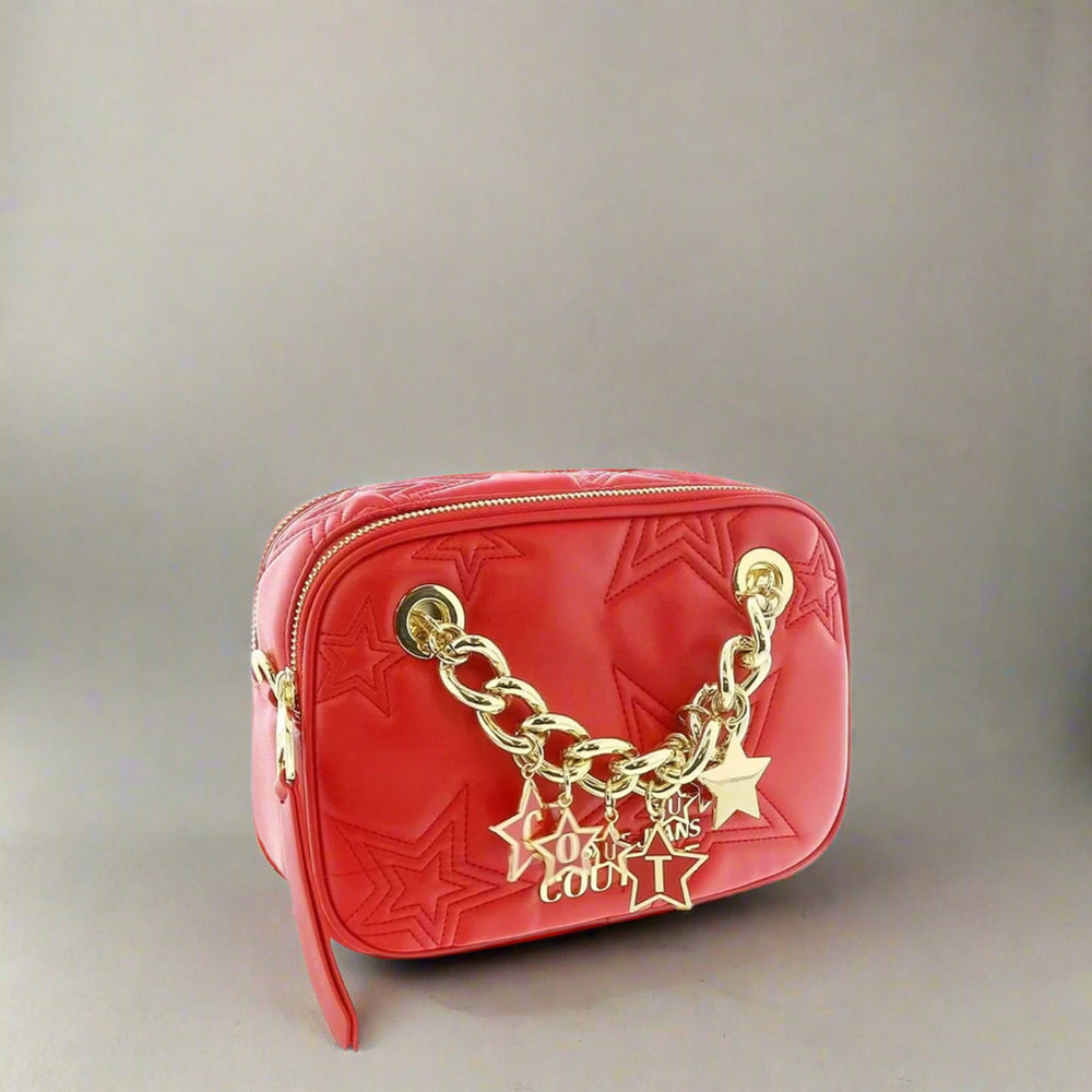 Versace Jeans Couture crossbody bag in red synthetic leather with gold star chain and logo, stylish women's accessory.