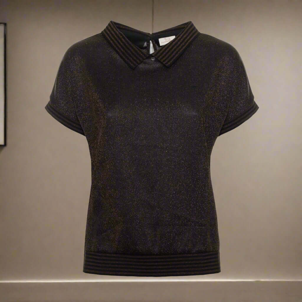 Black short-sleeve top with a textured collar on a white background