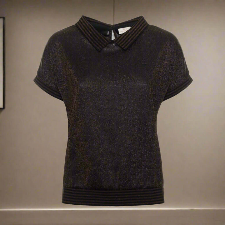 Black short-sleeve top with a textured collar on a white background