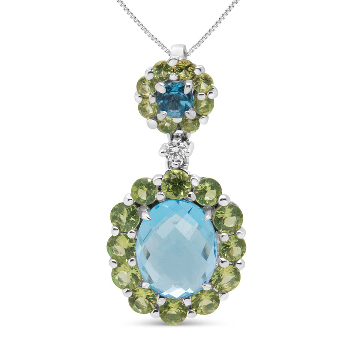 18k White Gold 0.05 Cttw Round Diamond and Blue Topaz and Green Peridot Gemstone Halo Drop 18" Pendant Necklace (F-G Color, VS1-VS2 Clarity)