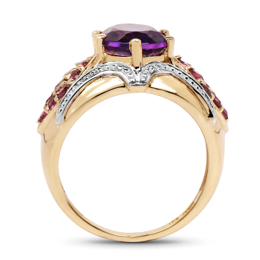 14K Yellow Gold Plated 3.01 Carat Genuine Amethyst &amp; Rhodolite .925 Sterling Silver Ring