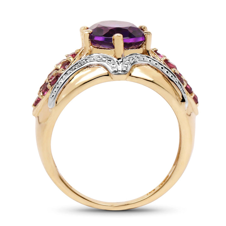 14K Yellow Gold Plated 3.01 Carat Genuine Amethyst &amp; Rhodolite .925 Sterling Silver Ring