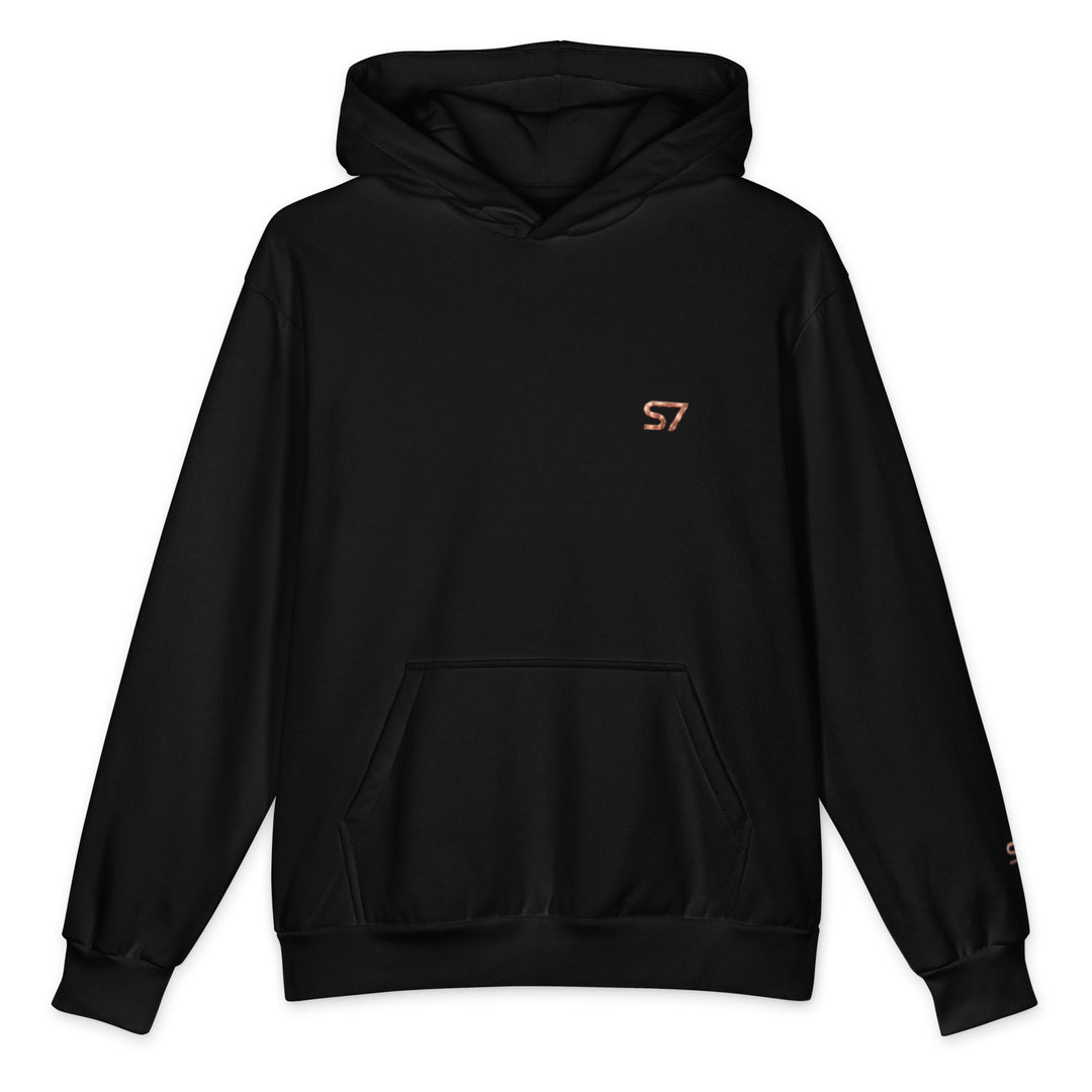 Black S7 Wealth Hoodie featuring a small metallic-look rose-gold S7 logo on the left chest.