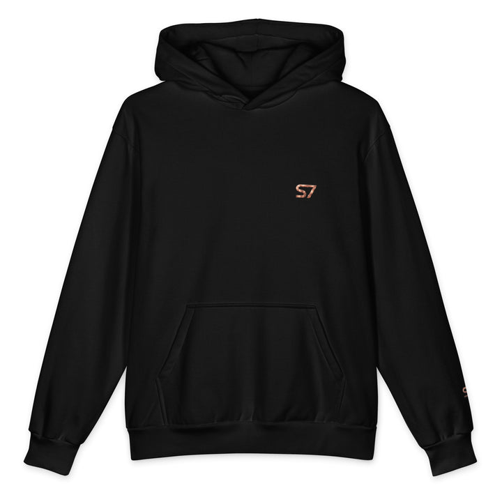Black S7 Wealth Hoodie featuring a small metallic-look rose-gold S7 logo on the left chest.