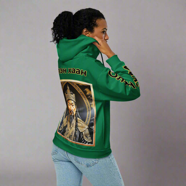 GENGHIS KHAN green "Emperor" worded in Mongolian Unisex graphic zip hoodie (remixed)