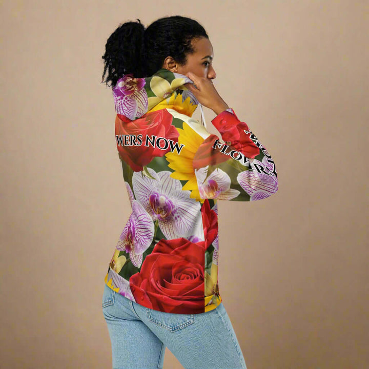 STORE 7994 “FLOWERS NOW” All-Over Floral Hoodie – Red Roses, Wild Orchids & Sunflowers, Recycled Mix