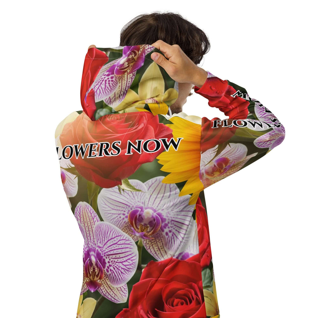 STORE 7994 “FLOWERS NOW” All-Over Floral Hoodie – Red Roses, Wild Orchids & Sunflowers, Recycled Mix