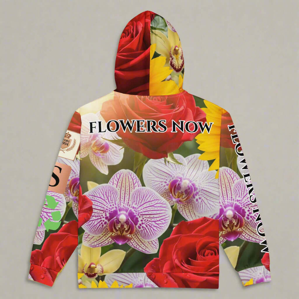 STORE 7994 “FLOWERS NOW” All-Over Floral Hoodie – Red Roses, Wild Orchids & Sunflowers, Recycled Mix