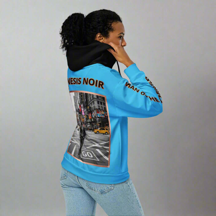 Woman in blue hoodie