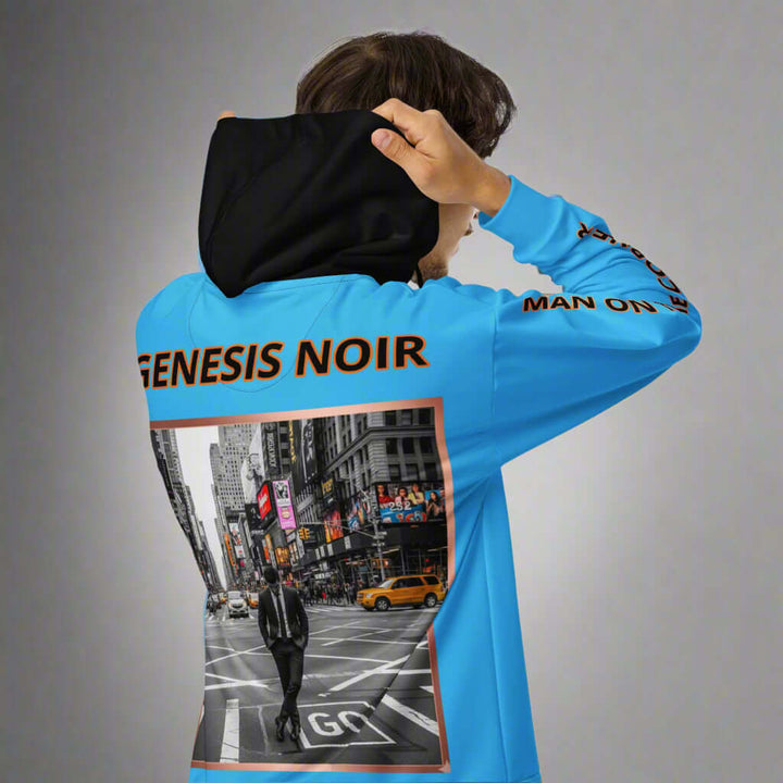 Blue hoodie with 'Genesis Noir' design on the back, featuring a city street scene.