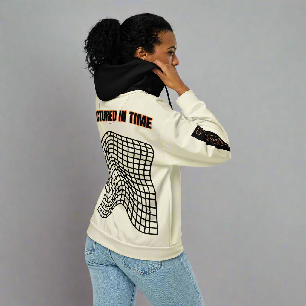 Woman in hoodie with backside displayed