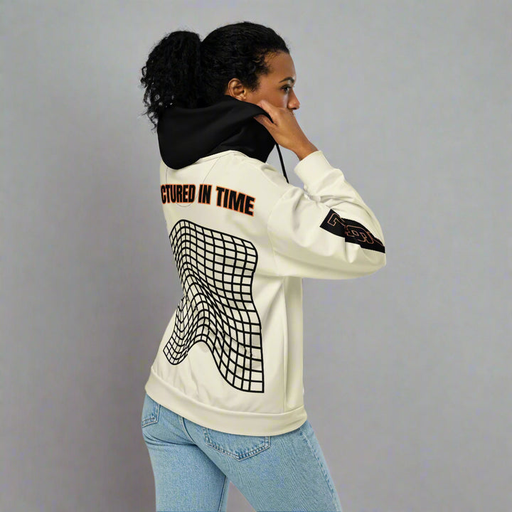 Woman in hoodie with backside displayed