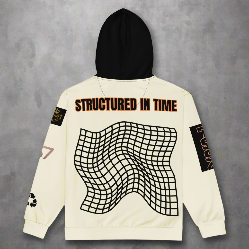 rear view of creme colored hoodie