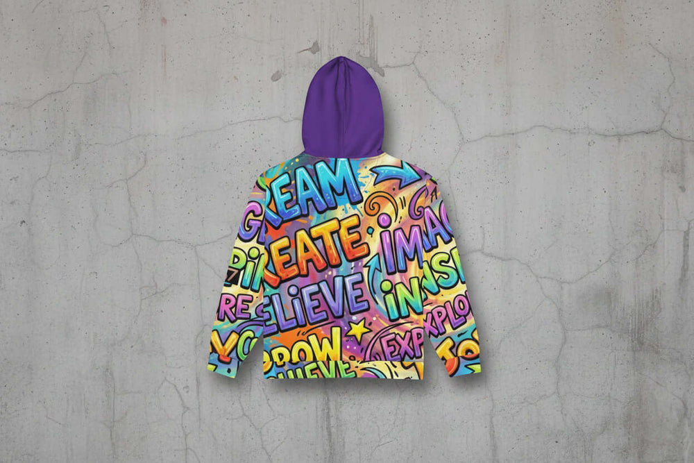 S7 Multicolor Inspiration Hoodie – Purple Edition showcasing vibrant inspirational words in luxury fashion design.