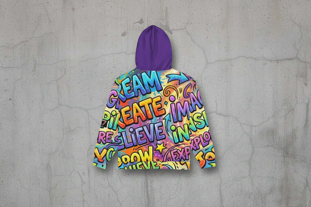 S7 Multicolor Inspiration Hoodie – Purple Edition showcasing vibrant inspirational words in luxury fashion design.