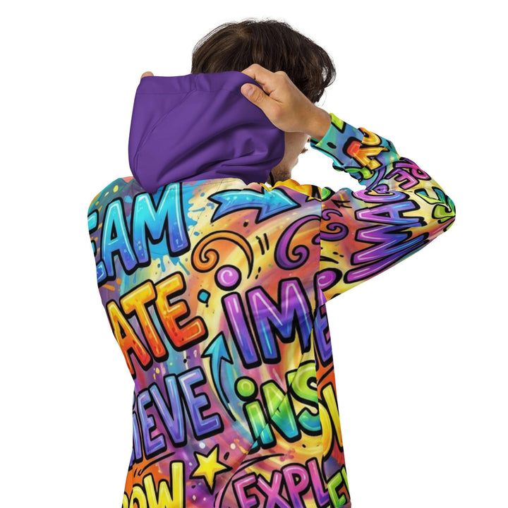 S7 Multicolor Inspiration Hoodie – Purple Edition featuring vibrant inspirational words and a stylish design.