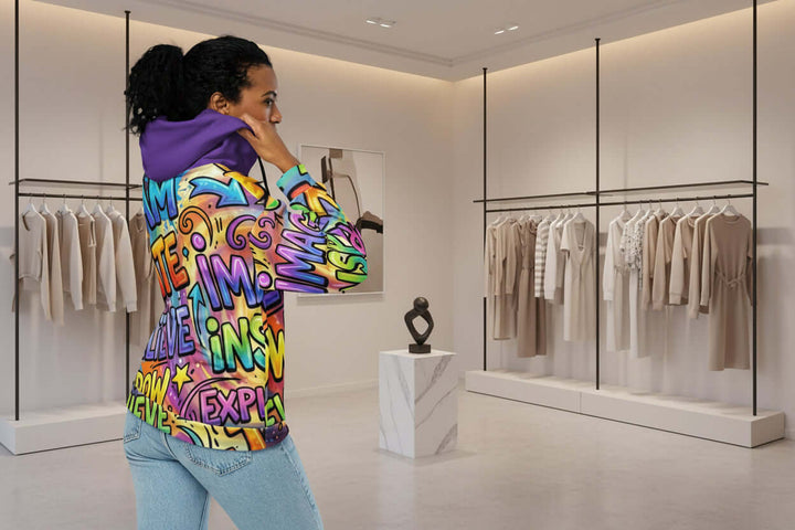 S7 Multicolor Inspiration Hoodie – Purple Edition worn by a model in a stylish clothing boutique showcasing luxury fashion.