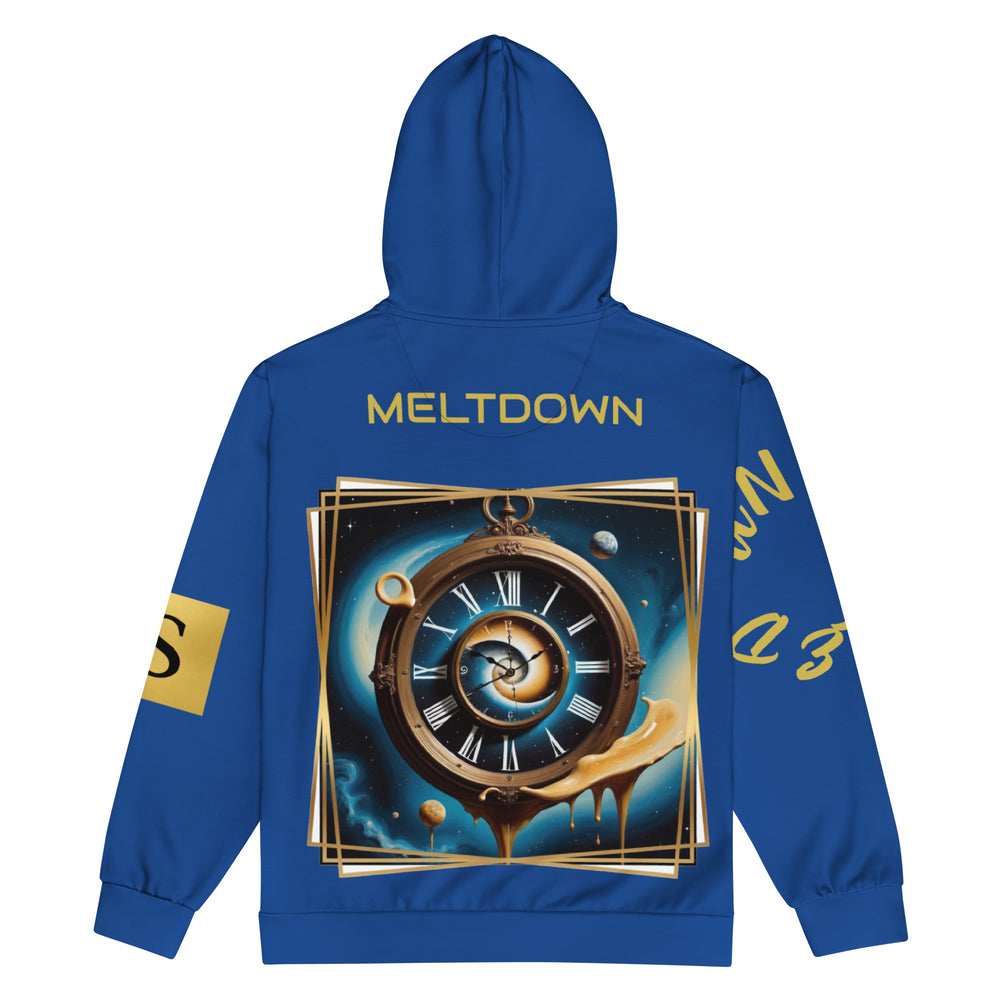 Rear picture of hoodie with an abstract clock design