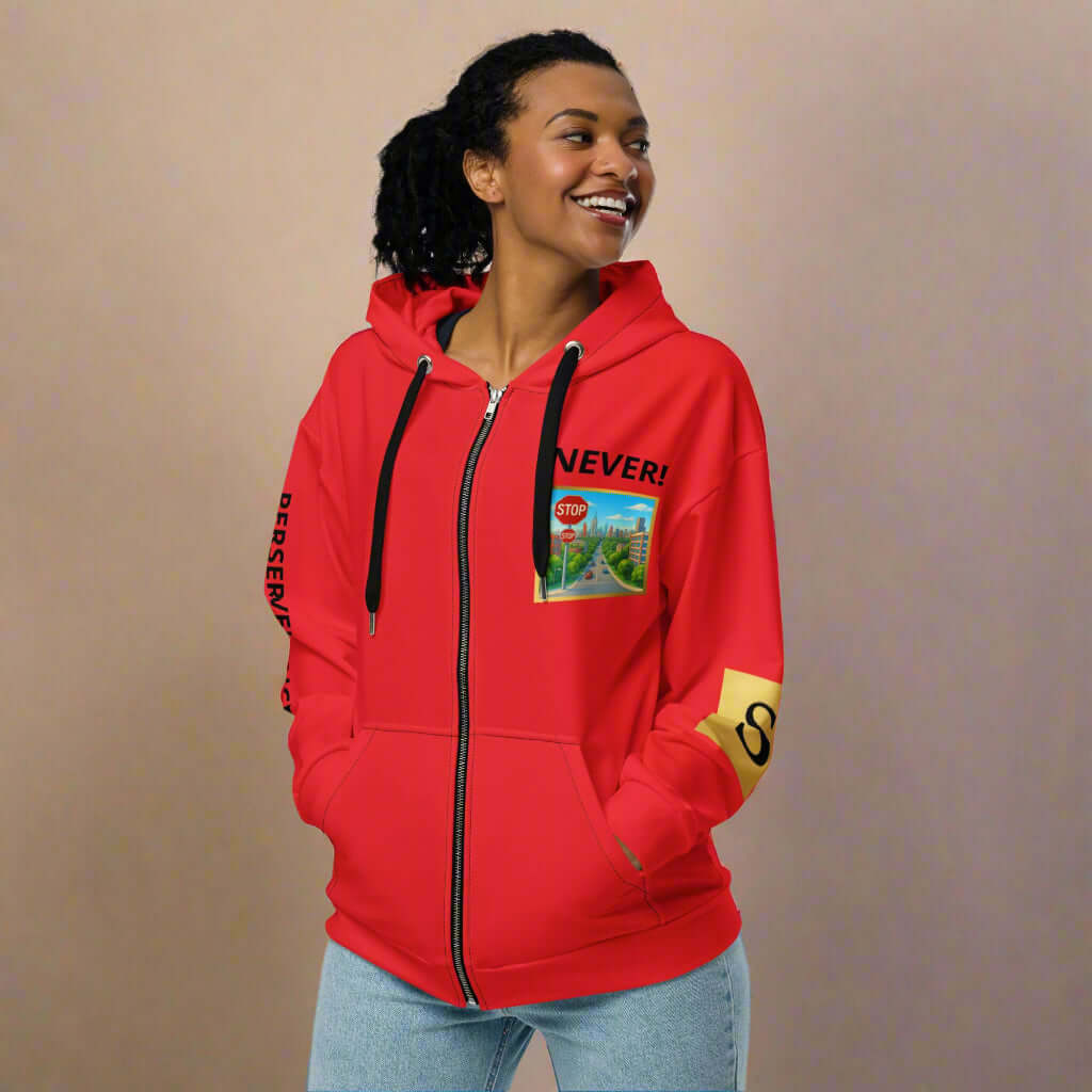 "PERSEVERANCE" Unisex red graphic zip Unisex zip hoodie