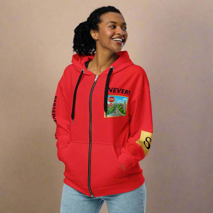 "PERSEVERANCE" Unisex red graphic zip Unisex zip hoodie