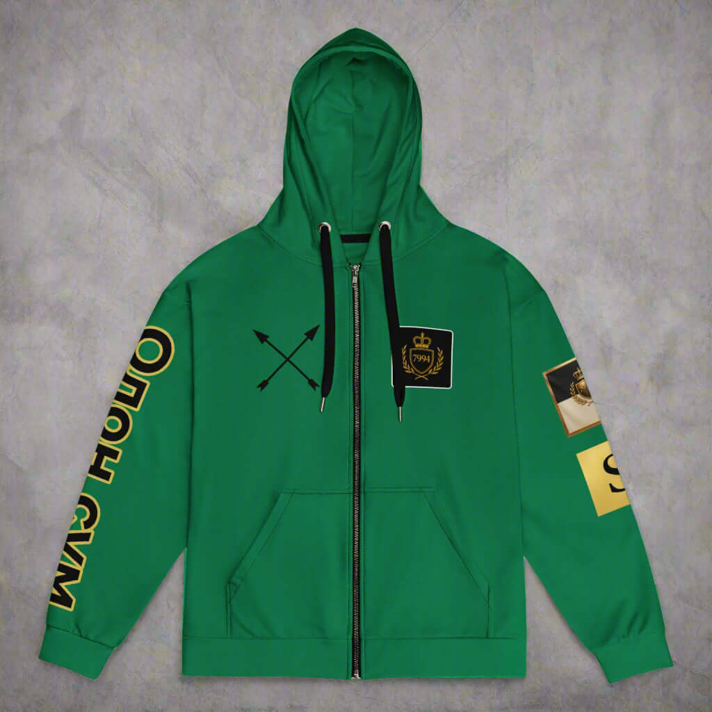 GENGHIS KHAN green "Emperor" worded in Mongolian Unisex graphic zip hoodie (remixed)