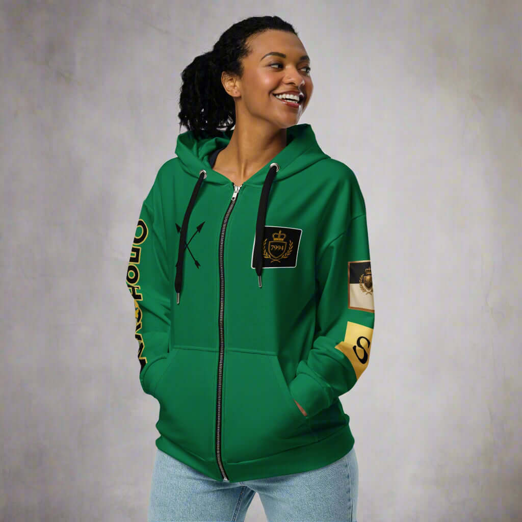 GENGHIS KHAN green "Emperor" worded in Mongolian Unisex graphic zip hoodie (remixed)