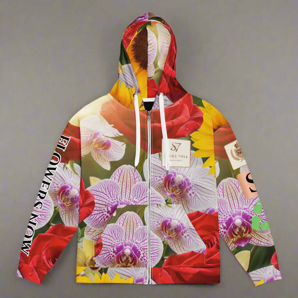 STORE 7994 “FLOWERS NOW” All-Over Floral Hoodie – Red Roses, Wild Orchids & Sunflowers, Recycled Mix